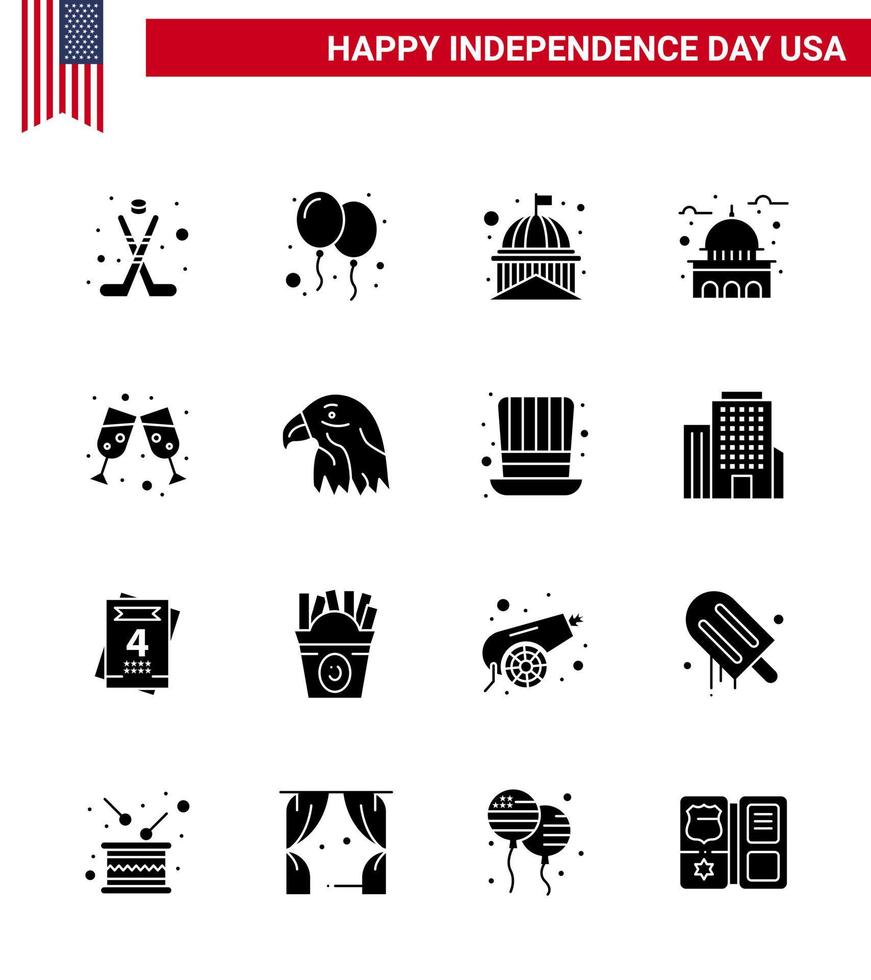 Happy Independence Day 16 Solid Glyphs Icon Pack for Web and Print bird wine glass building wine white Editable USA Day Vector Design Elements