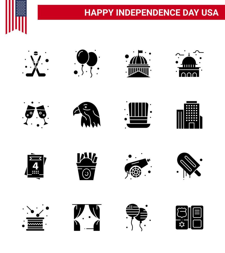 feliz día de la independencia paquete de iconos de 16 glifos sólidos para web e impresión pájaro copa de vino edificio vino blanco elementos editables de diseño vectorial del día de EE. UU. vector