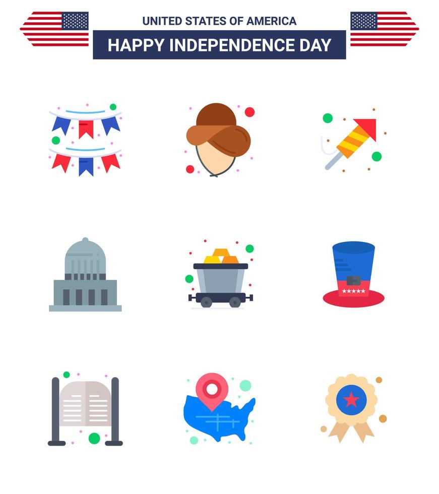 4th July USA Happy Independence Day Icon Symbols Group of 9 Modern Flats of mine usa fire work landmark building Editable USA Day Vector Design Elements