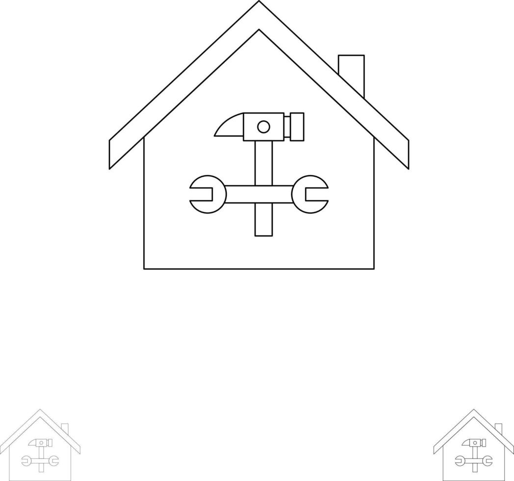 Home Building Construction Repair Hammer Wrench Bold and thin black line icon set vector