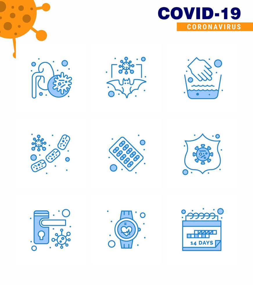 9 Blue Set of corona virus epidemic icons such as blood microbe virus germs water bowl viral coronavirus 2019nov disease Vector Design Elements