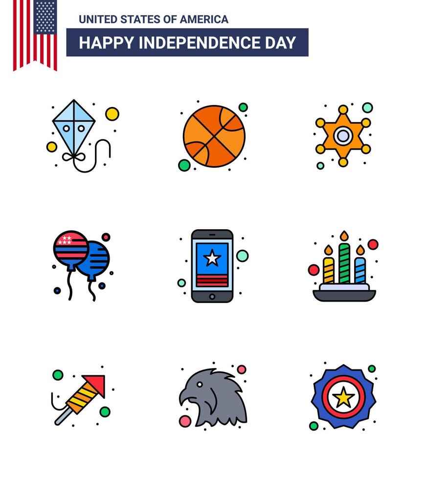 Pack of 9 USA Independence Day Celebration Flat Filled Lines Signs and 4th July Symbols such as smart phone cell police american bloons Editable USA Day Vector Design Elements