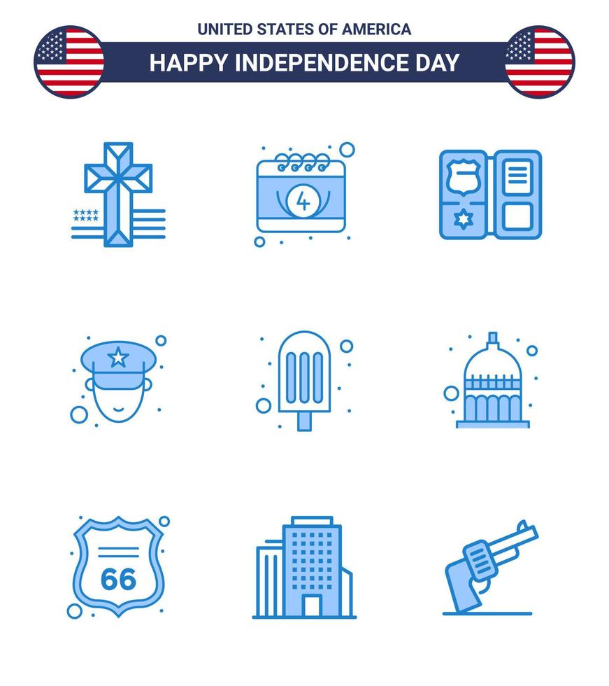 USA Happy Independence DayPictogram Set of 9 Simple Blues of indiana food shield cream officer Editable USA Day Vector Design Elements