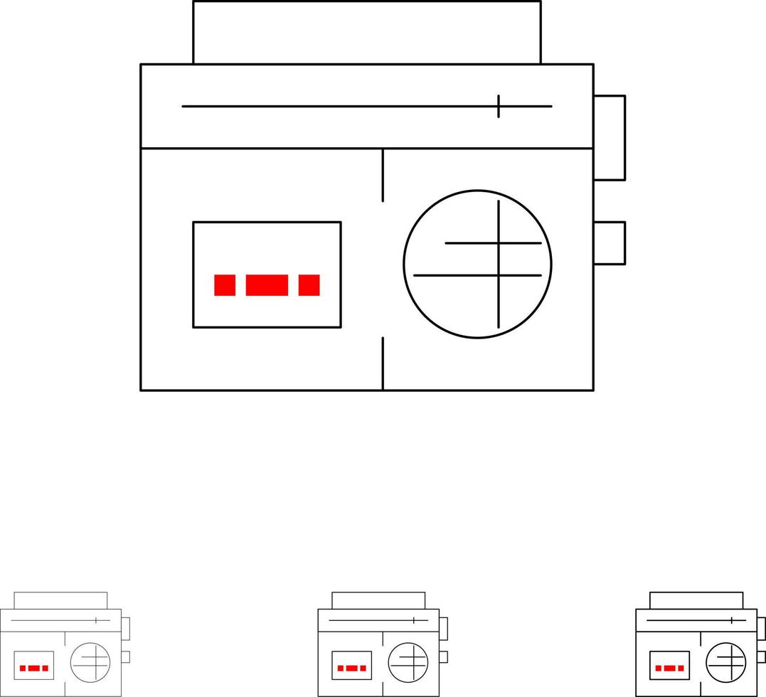 Tape Radio Music Media Bold and thin black line icon set vector