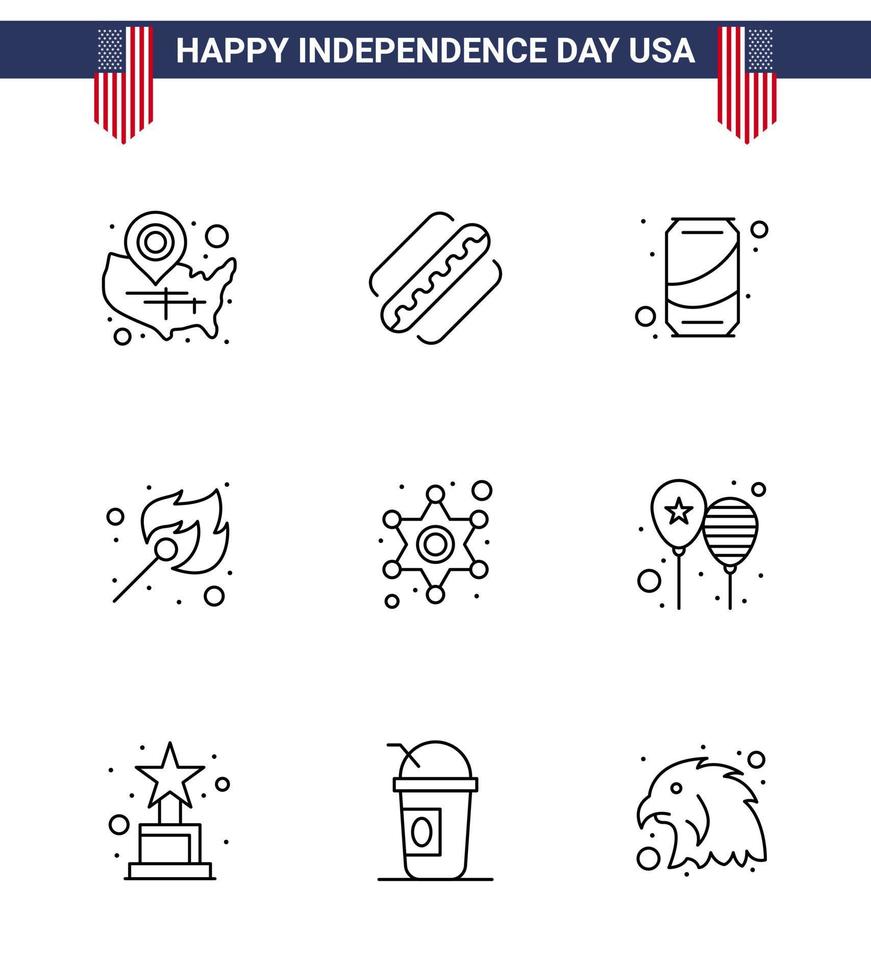 Paquete de 9 líneas de EE. UU. De signos y símbolos del día de la independencia de los hombres que coinciden con los estados fire cola elementos de diseño vectorial editables del día de EE. UU. vector