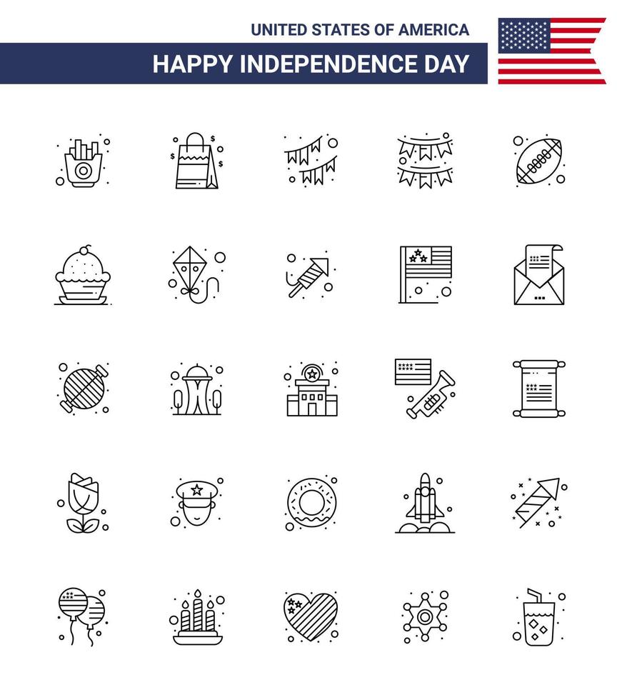 USA Happy Independence DayPictogram Set of 25 Simple Lines of cake sports american rugby garland Editable USA Day Vector Design Elements