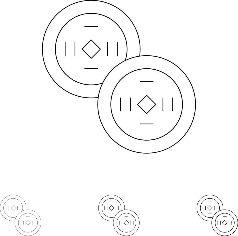 Coins China Chinese Bold and thin black line icon set vector