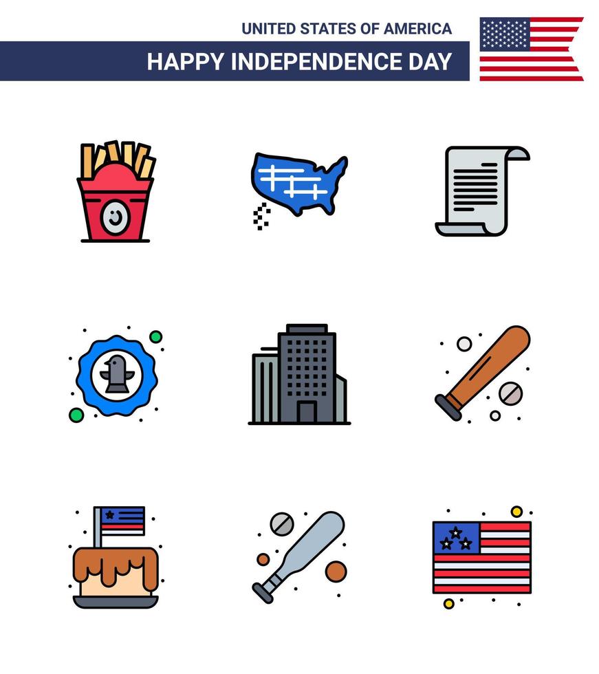 Set of 9 Vector Flat Filled Lines on 4th July USA Independence Day such as building eagle file celebration american Editable USA Day Vector Design Elements