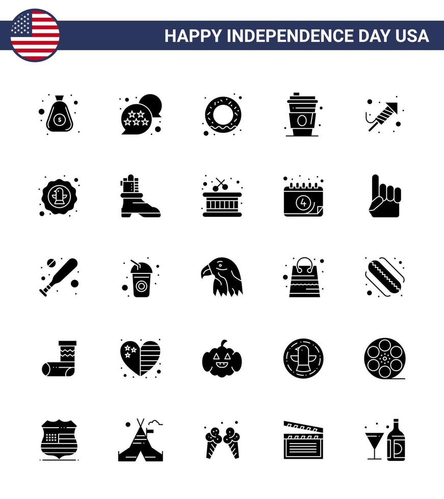 paquete de iconos de vector de stock del día americano 25 signos y símbolos de glifo sólido para el trabajo de fuego del festival donut usa bebida elementos de diseño de vector de día de usa editable