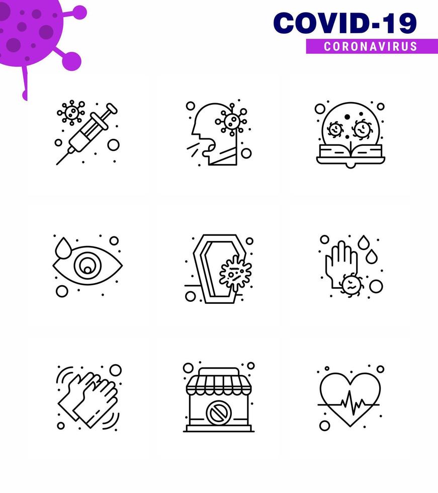 9 Line Set of corona virus epidemic icons such as tear drop sick crying search viral coronavirus 2019nov disease Vector Design Elements