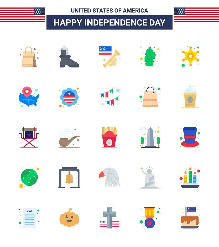 Editable Vector Flat Pack of USA Day 25 Simple Flats of star men speaker desert flower Editable USA Day Vector Design Elements