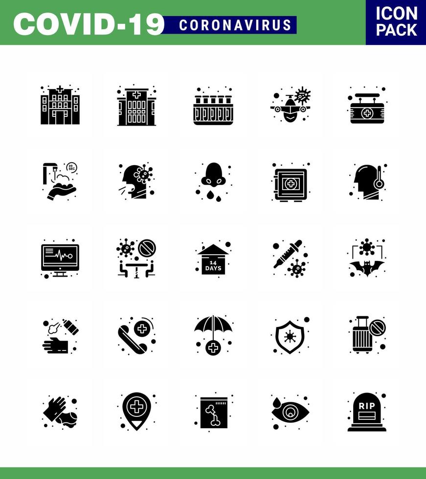 25 Solid Glyph Set of corona virus epidemic icons such as protect hands sign travel medical board viral coronavirus 2019nov disease Vector Design Elements