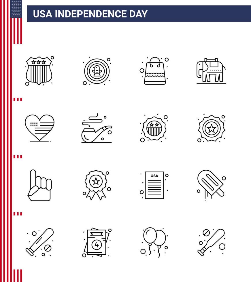 Big Pack of 16 USA Happy Independence Day USA Vector Lines and Editable Symbols of american heart bag usa elephent Editable USA Day Vector Design Elements