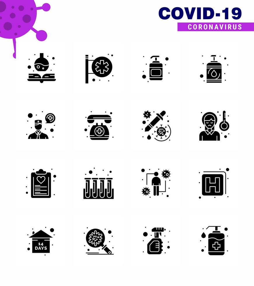 Coronavirus Awareness icon 16 Solid Glyph Black icons icon included doctor on call consultation hand sanitizer ask a doctor hand viral coronavirus 2019nov disease Vector Design Elements