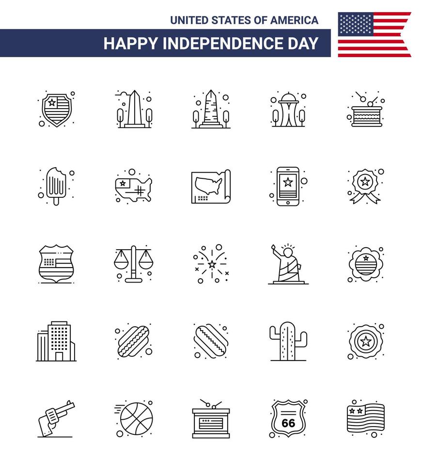 Happy Independence Day Pack of 25 Lines Signs and Symbols for cold independence building holiday day Editable USA Day Vector Design Elements