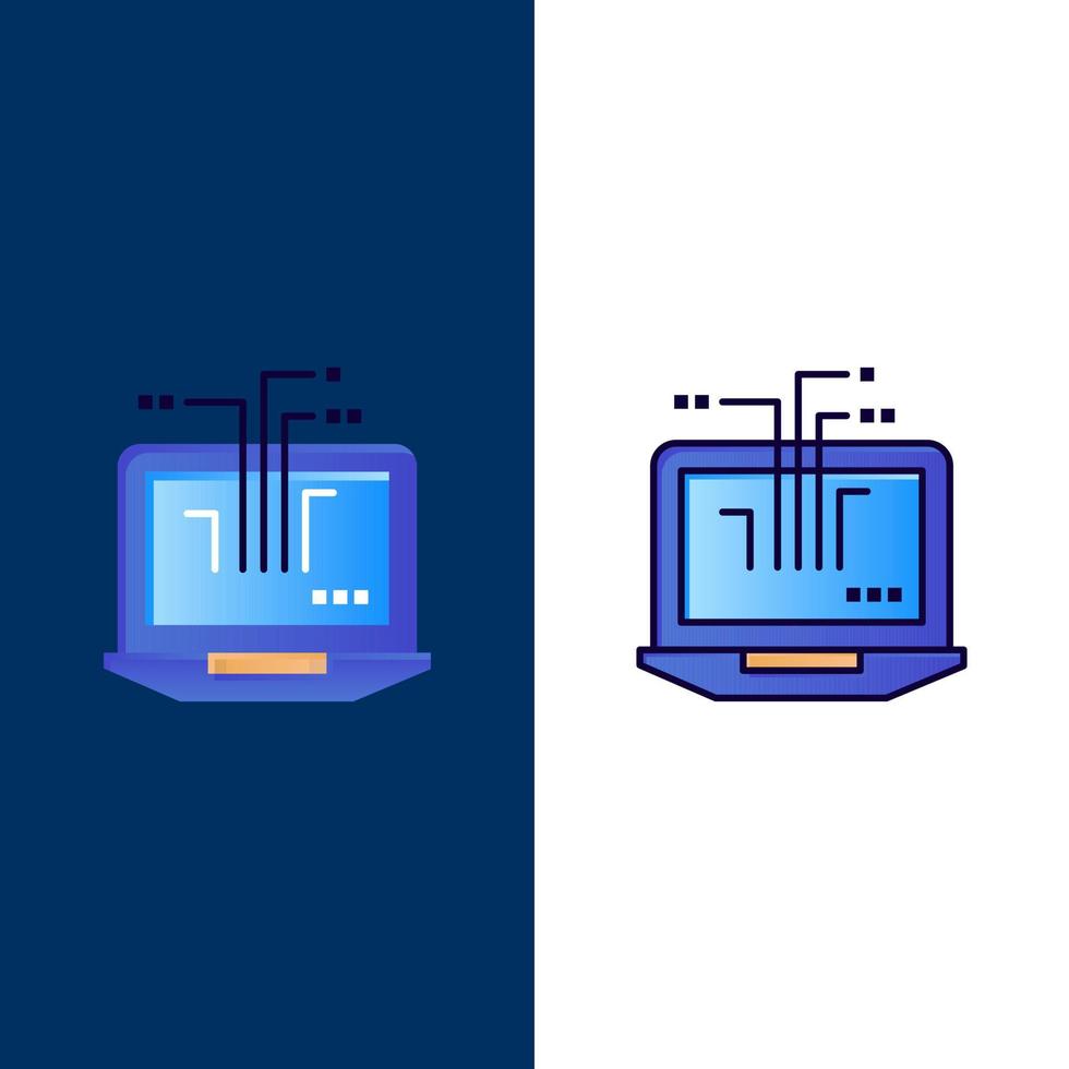 iconos de hardware de computadora portátil de red planos y llenos de línea conjunto de iconos vector fondo azul