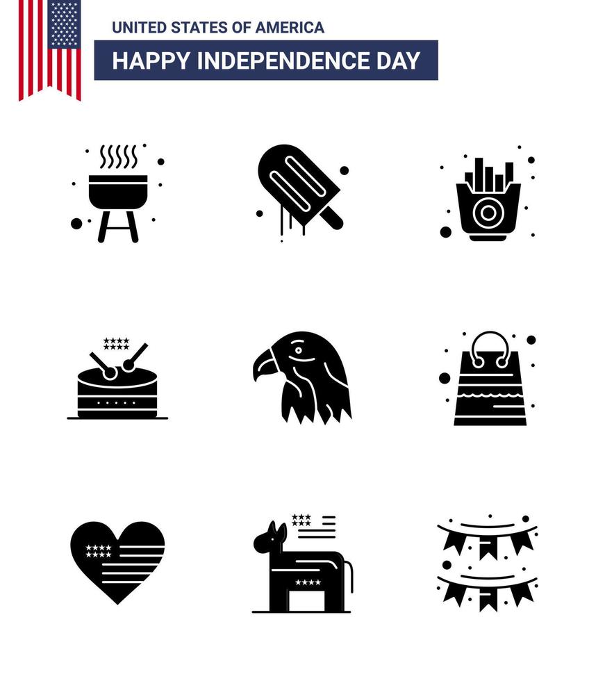 Pack of 9 USA Independence Day Celebration Solid Glyphs Signs and 4th July Symbols such as eagle animal food parade instrument Editable USA Day Vector Design Elements