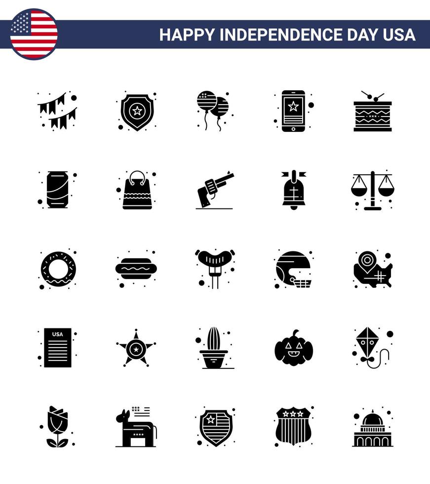 25 signos de glifo sólido de estados unidos celebración del día de la independencia símbolos de teléfono signo de teléfono inteligente estrella estadounidense elementos de diseño de vector de día de estados unidos editables