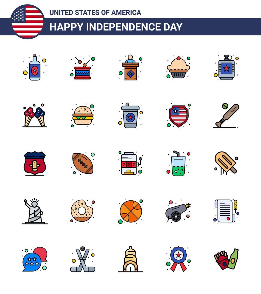 Set of 25 USA Day Icons American Symbols Independence Day Signs for flask alcoholic usa muffin cake Editable USA Day Vector Design Elements