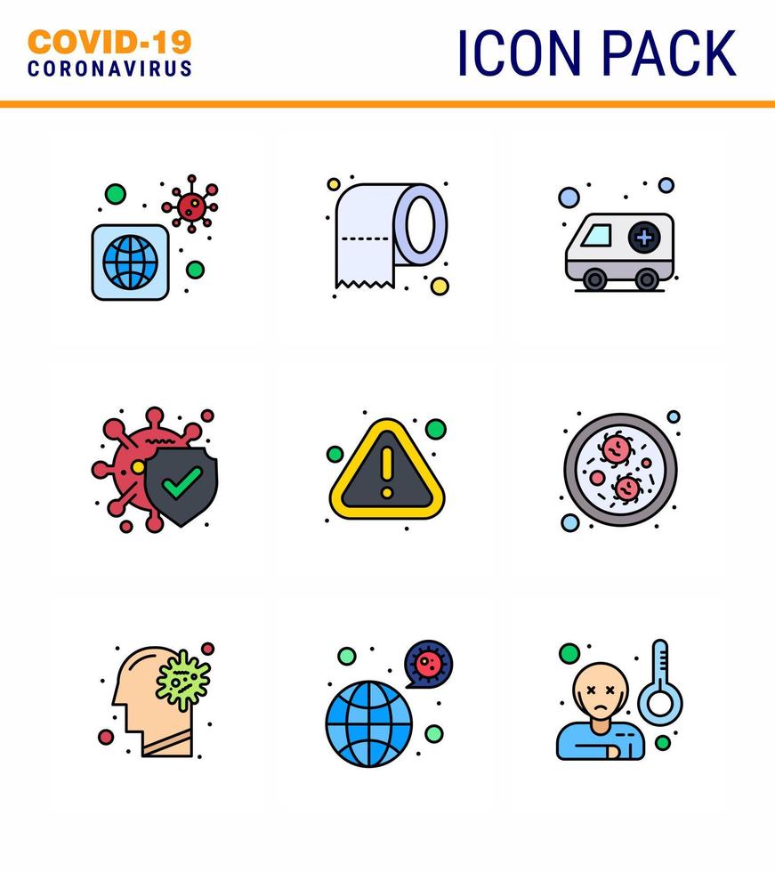 Covid19 Protection CoronaVirus Pendamic 9 Filled Line Flat Color icon set such as notice safe ambulance protection bacteria viral coronavirus 2019nov disease Vector Design Elements