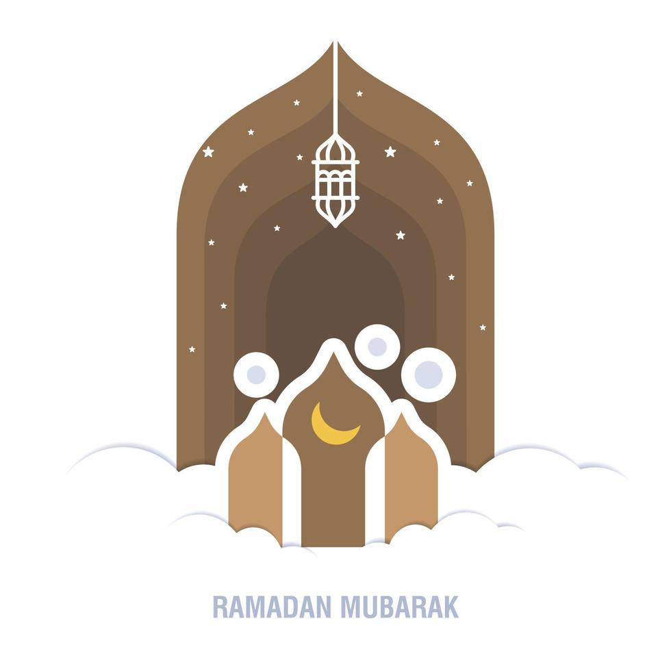 Ramadan Kareem islamic design crescent moon and mosque dome silhouette with arabic pattern and calligraphy vector