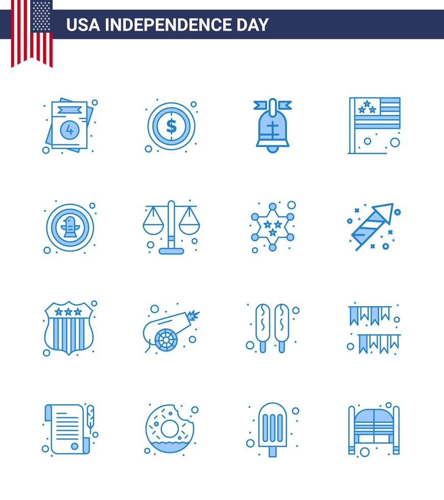 Set of 16 Vector Blues on 4th July USA Independence Day such as bird usa ball flag day Editable USA Day Vector Design Elements