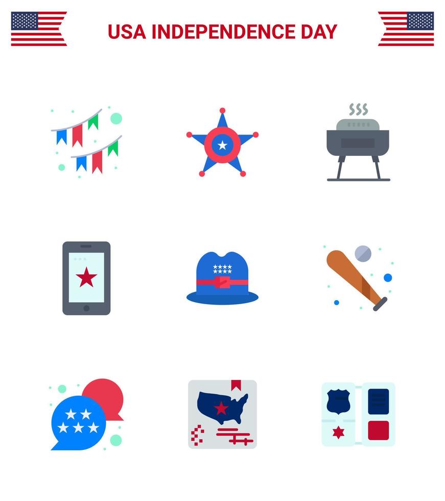 conjunto de 9 pisos vectoriales el 4 de julio, día de la independencia de estados unidos, como hat cell usa phone holiday editable usa day elementos de diseño vectorial vector