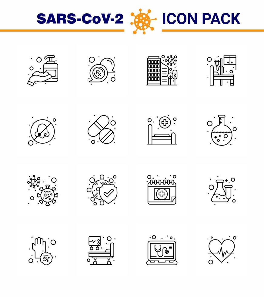 Coronavirus Precaution Tips icon for healthcare guidelines presentation 16 Line icon pack such as room hospital building bed safety viral coronavirus 2019nov disease Vector Design Elements