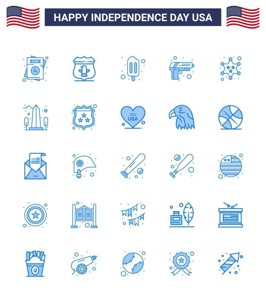 Happy Independence Day USA Pack of 25 Creative Blues of police badge ice cream weapon security Editable USA Day Vector Design Elements