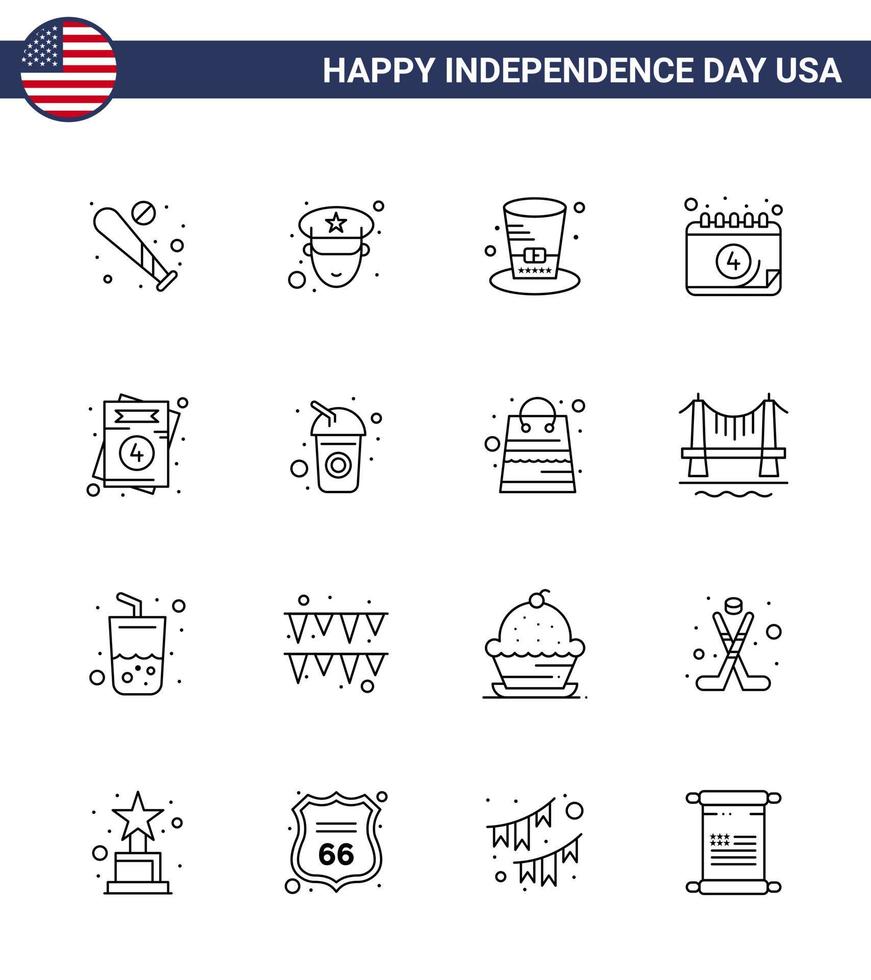 Happy Independence Day 4th July Set of 16 Lines American Pictograph of love day day date american Editable USA Day Vector Design Elements