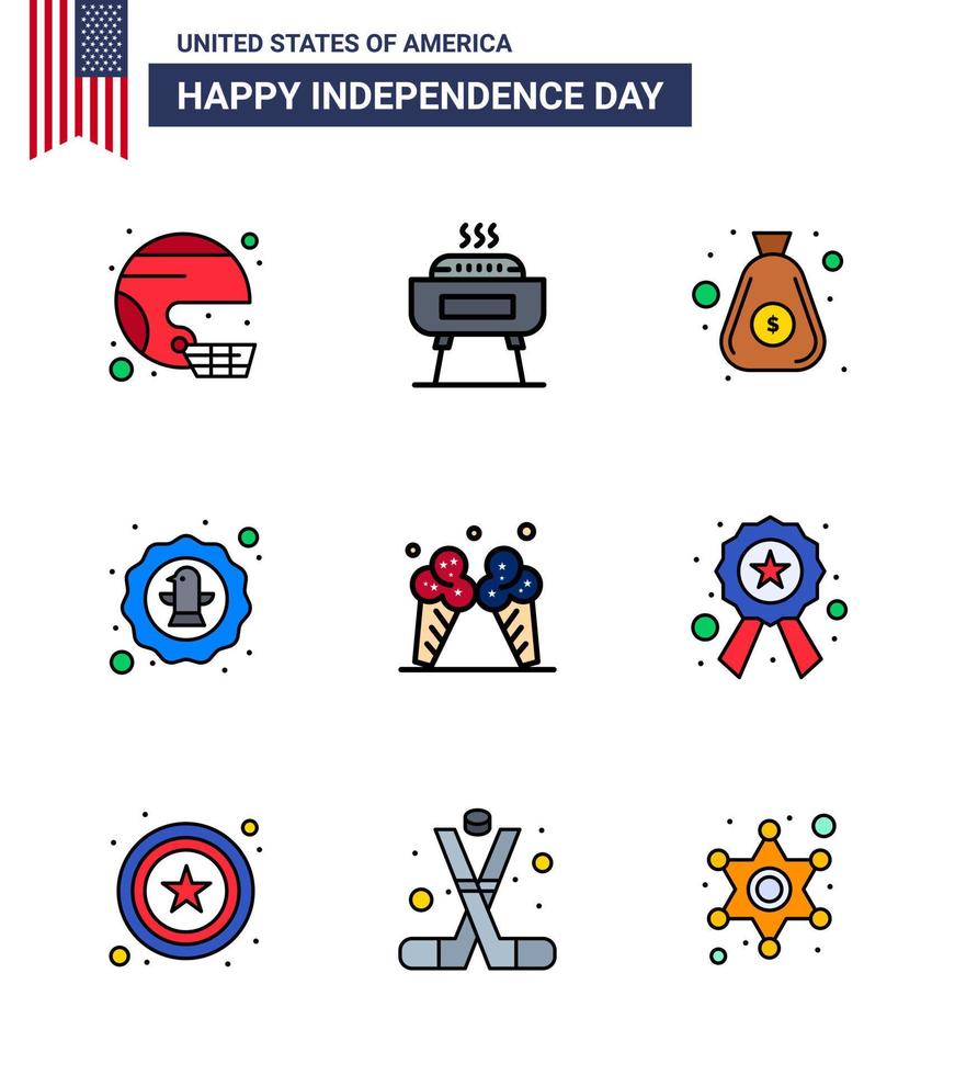 USA Independence Day Flat Filled Line Set of 9 USA Pictograms of eagle bird festivity american bag Editable USA Day Vector Design Elements