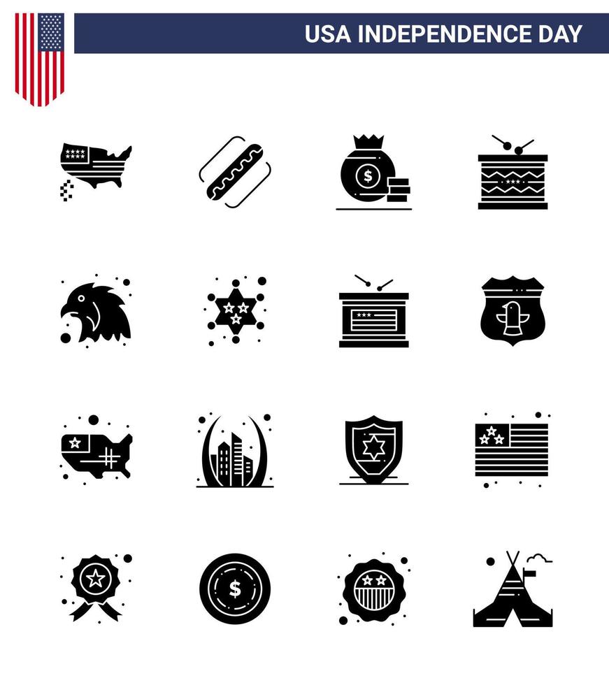 4th July USA Happy Independence Day Icon Symbols Group of 16 Modern Solid Glyphs of animal parade dollar irish drum Editable USA Day Vector Design Elements