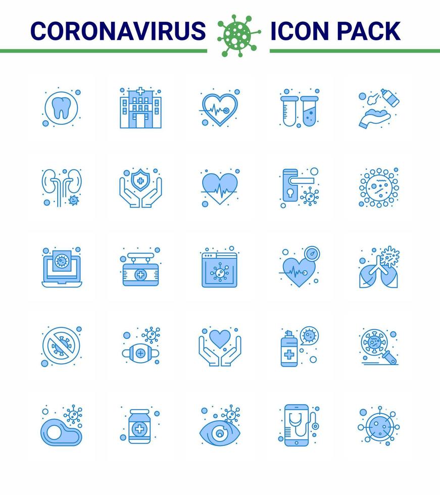 Covid19 icon set for infographic 25 Blue pack such as hands spray alcohol heart lab test viral coronavirus 2019nov disease Vector Design Elements
