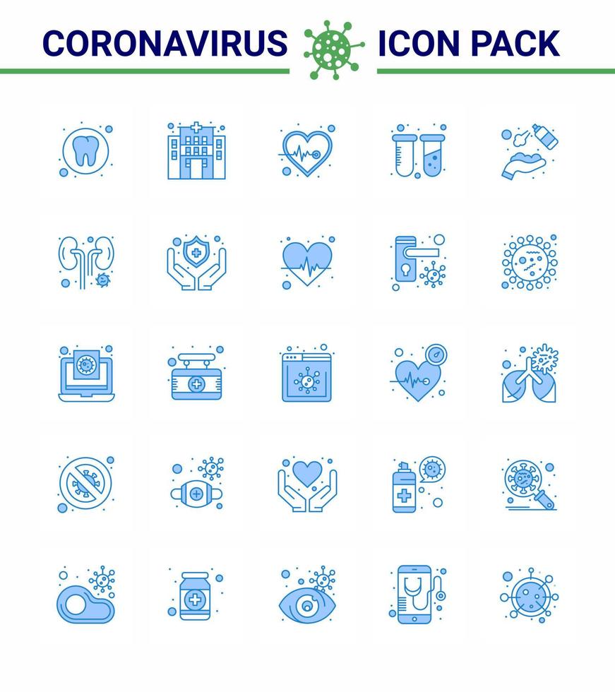 conjunto de iconos covid19 para el paquete infográfico 25 azul, como las manos, el alcohol en aerosol, la prueba de laboratorio cardíaco, el coronavirus viral 2019nov, los elementos de diseño del vector de la enfermedad