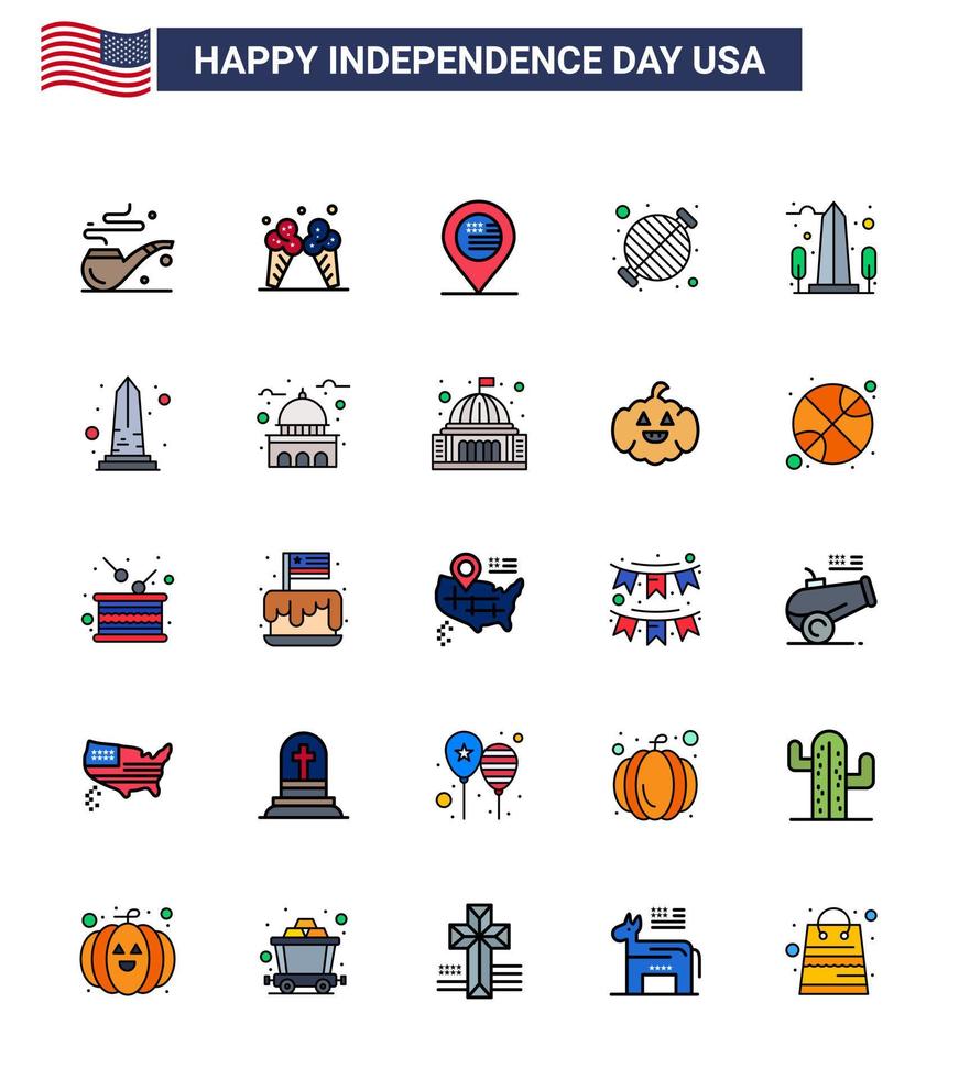 paquete de 25 celebración del día de la independencia de estados unidos señales de líneas llenas planas y símbolos del 4 de julio como la ubicación de la fiesta del monumento parrilla barbacoa elementos de diseño vectorial del día de estados unidos editables vector