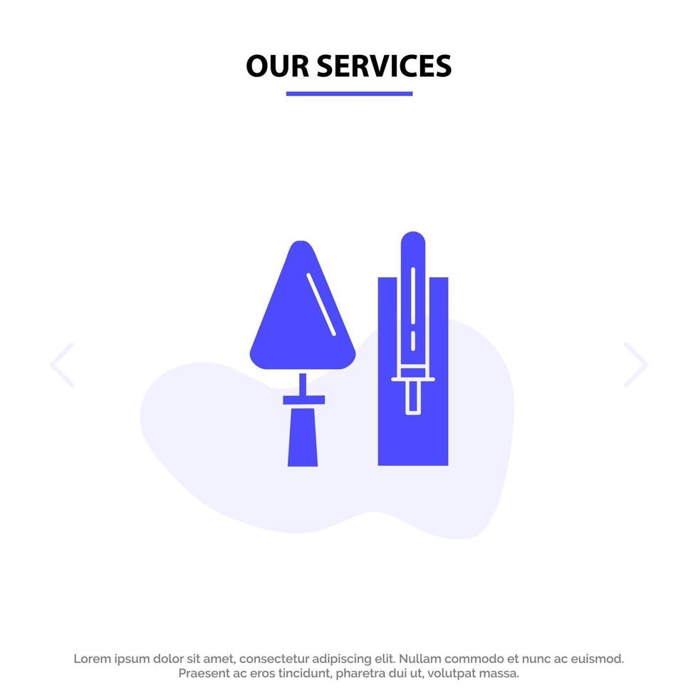 nuestros servicios paleta construcción de ladrillos herramienta de albañilería icono de glifo sólido plantilla de tarjeta web vector