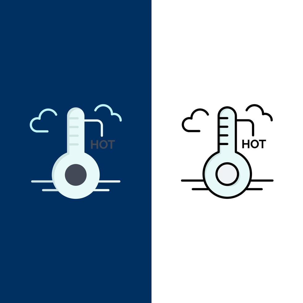 iconos de actualización de clima caliente de temperatura plana y conjunto de iconos llenos de línea vector fondo azul