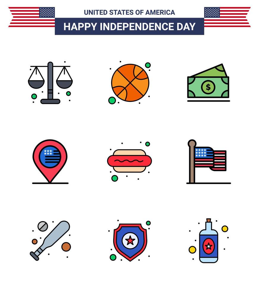 Pack of 9 creative USA Independence Day related Flat Filled Lines of dog sign dollar map american Editable USA Day Vector Design Elements
