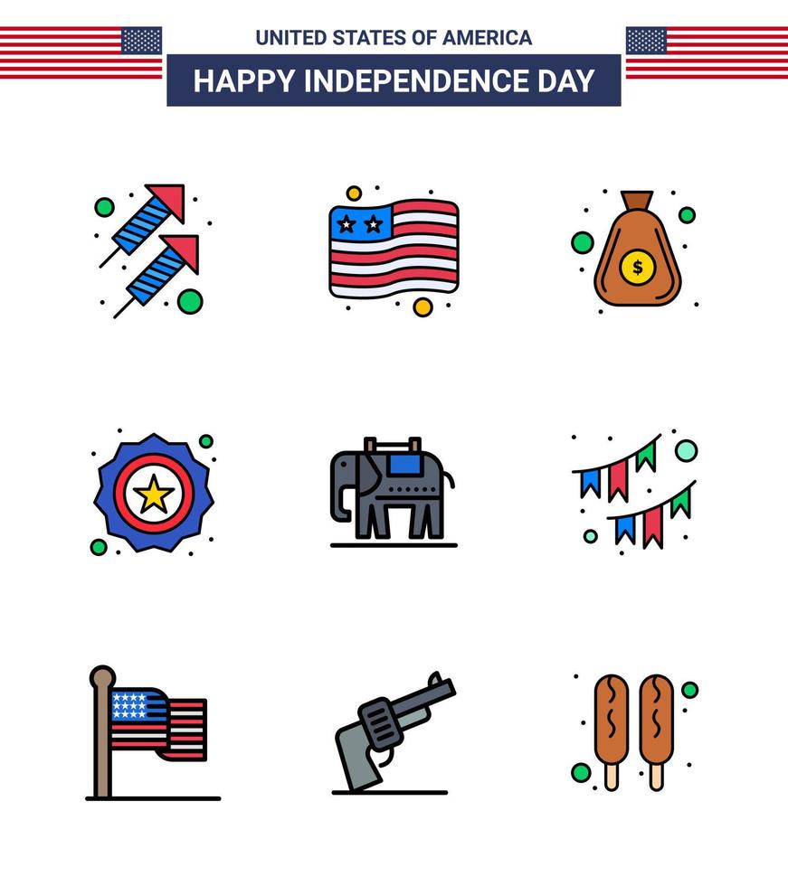 USA Independence Day Flat Filled Line Set of 9 USA Pictograms of usa elephent money flag security Editable USA Day Vector Design Elements