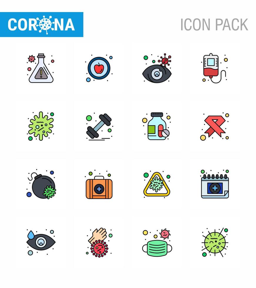 Covid19 icon set for infographic 16 Flat Color Filled Line pack such as dumbbell epidemic view disease donation viral coronavirus 2019nov disease Vector Design Elements