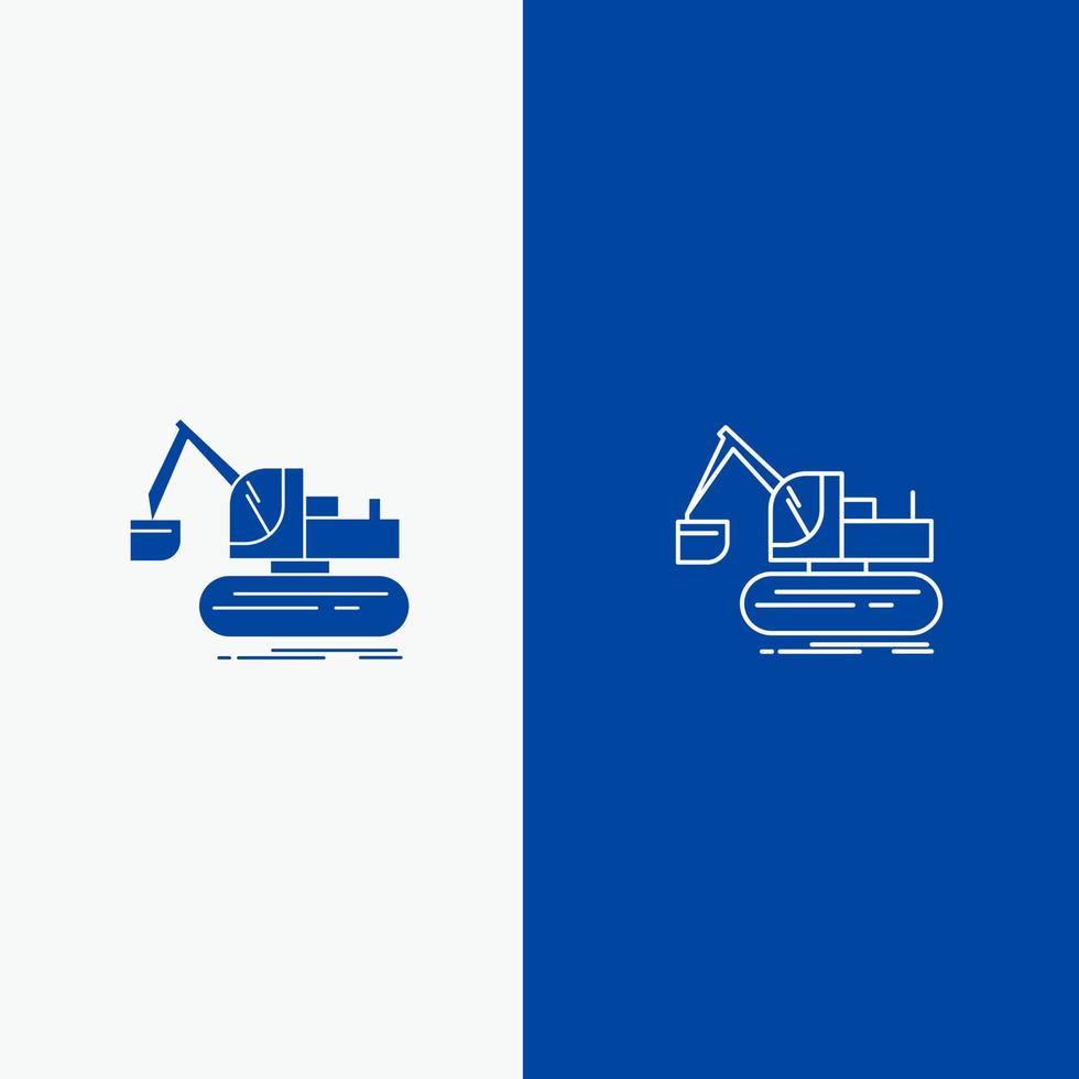 línea de camión elevador de construcción de grúa y glifo icono sólido bandera azul línea y glifo icono sólido bandera azul vector