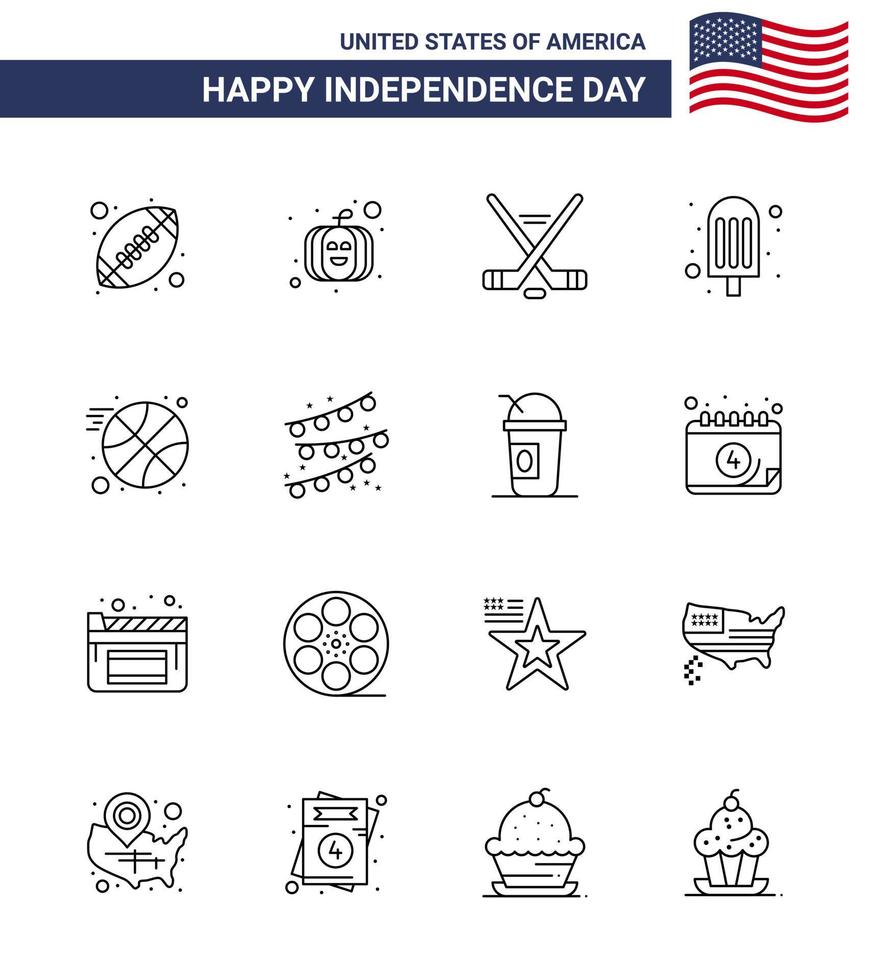 Happy Independence Day Pack of 16 Lines Signs and Symbols for buntings ball ice sport basketball food Editable USA Day Vector Design Elements