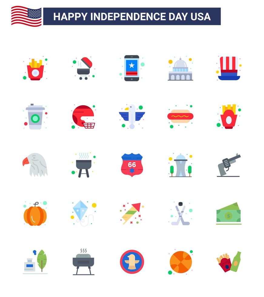 Set of 25 Modern Flats pack on USA Independence Day hat wisconsin star usa capitol Editable USA Day Vector Design Elements