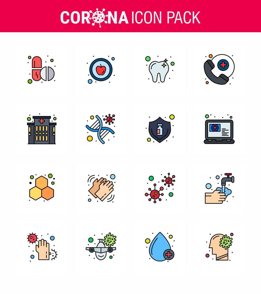 16 Flat Color Filled Line Coronavirus Covid19 Icon pack such as genetics hospital dental clinic survice viral coronavirus 2019nov disease Vector Design Elements