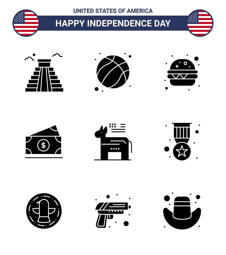 conjunto de glifos sólidos del día de la independencia de estados unidos de 9 pictogramas de estados unidos de burro político hamburguesa estados unidos dinero elementos de diseño de vector de día de estados unidos editables