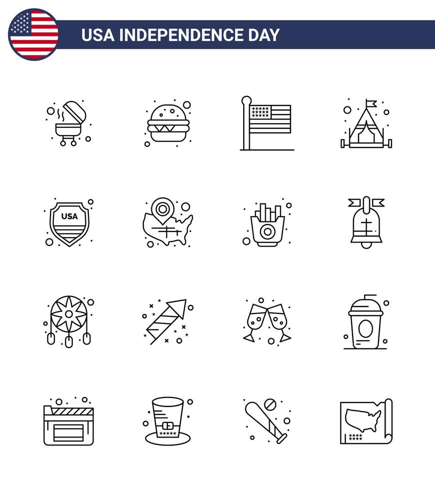 Happy Independence Day 4th July Set of 16 Lines American Pictograph of map sign united shield tent Editable USA Day Vector Design Elements