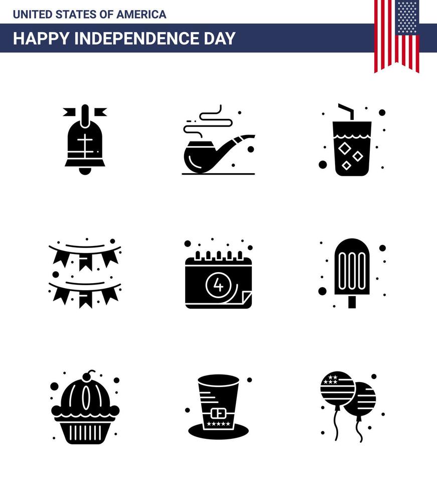 Big Pack of 9 USA Happy Independence Day USA Vector Solid Glyphs and Editable Symbols of calendar garland drink party buntings Editable USA Day Vector Design Elements