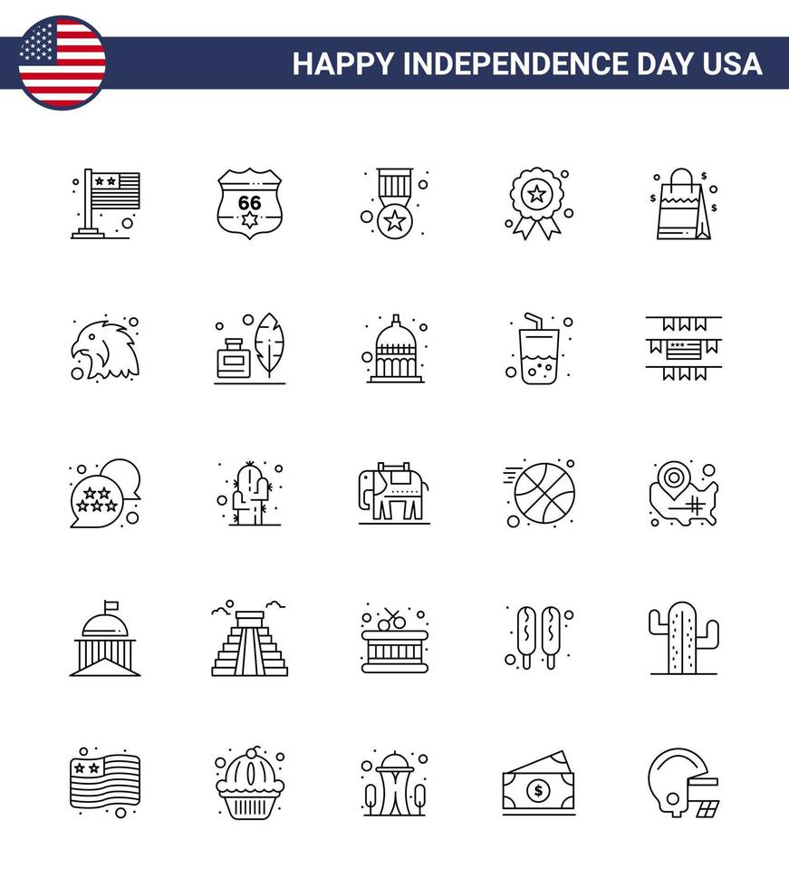 conjunto de 25 líneas vectoriales el 4 de julio, día de la independencia de estados unidos, como el premio de la medalla de bolso, día de la independencia, elementos de diseño vectorial editables del día de estados unidos vector