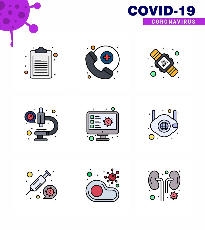 Coronavirus Awareness icon 9 Filled Line Flat Color icons icon included virus screening twenty computer microscope viral coronavirus 2019nov disease Vector Design Elements