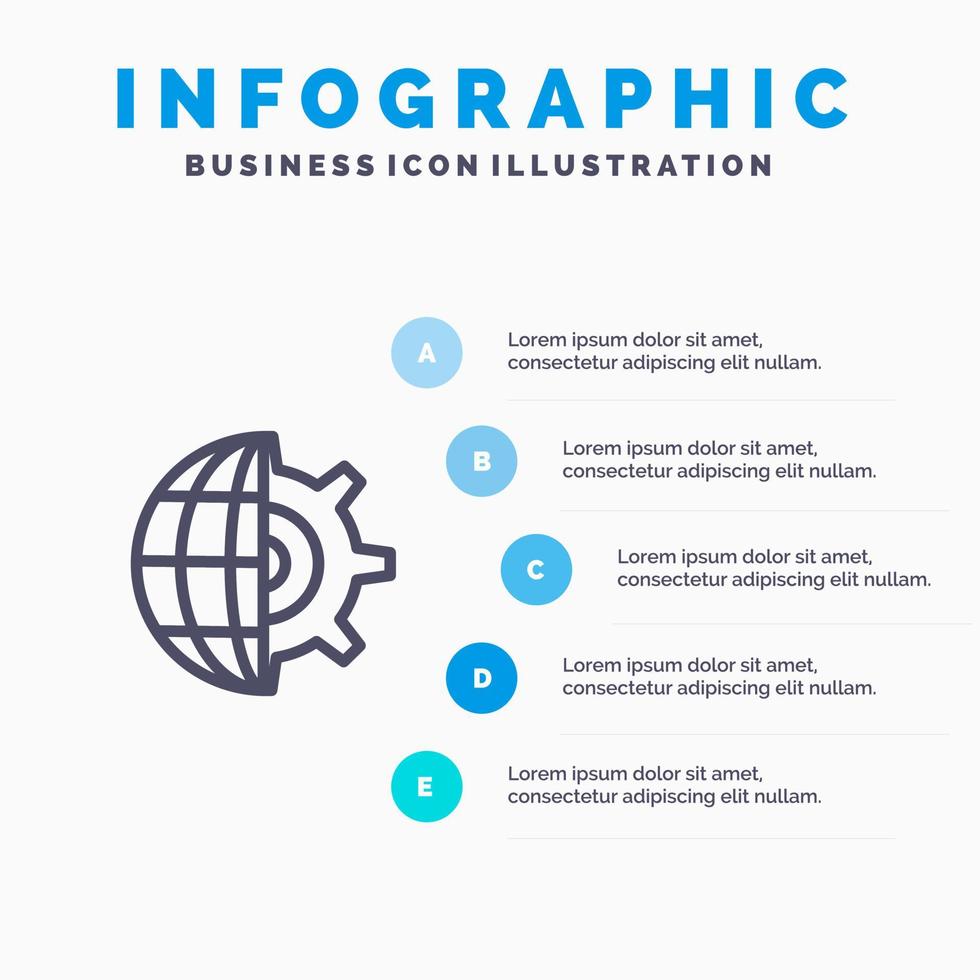 Gear Globe Setting Business Line icon with 5 steps presentation infographics Background vector